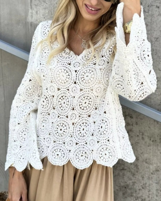 Crochet Lace V-Neck Bell Sleeve Knit Top