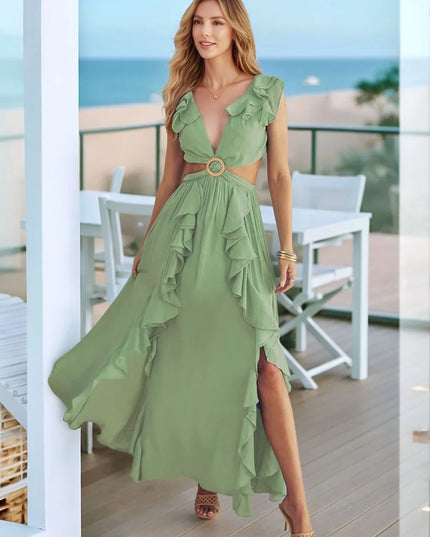 Cutout Ruffled Cap Sleeve Maxi Dress Sage