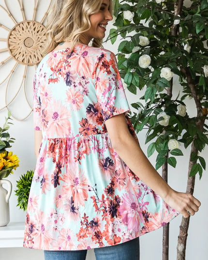 Heimish Full Size Floral V-Neck Short Sleeve Babydoll Blouse