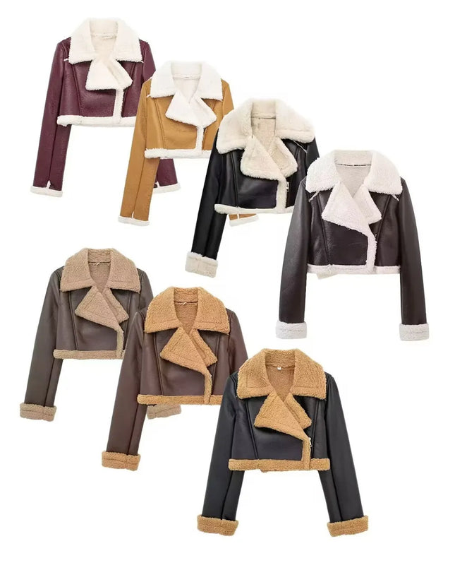 Collared Neck Long Sleeve Plush Cropped Jacket