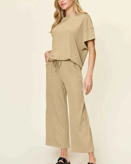 Double Take Full Size Texture Round Neck Short Sleeve T-Shirt and Wide Leg Pants