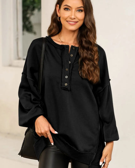 Buttoned Dropped Shoulder Sweatshirt Black