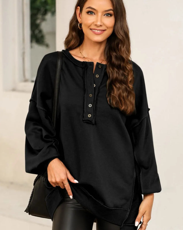 Buttoned Dropped Shoulder Sweatshirt Black