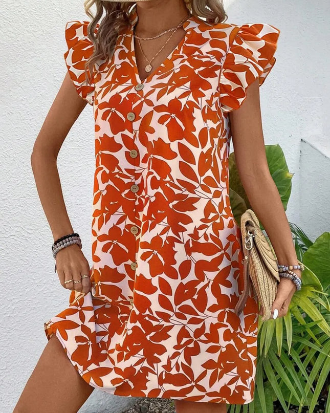 Printed Notched Cap Sleeve Mini Dress