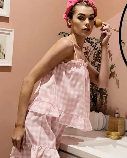 Lime 'N' Chili Gingham Ruffle Trim Cami and Shorts Pajama Set