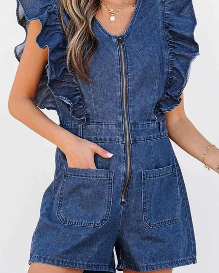 Denim Ruffled Zipped Front Belted Romper