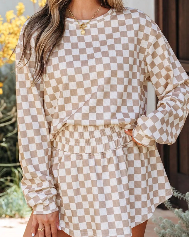 Checkered Long Sleeve Top and Skirt Two-Piece Set