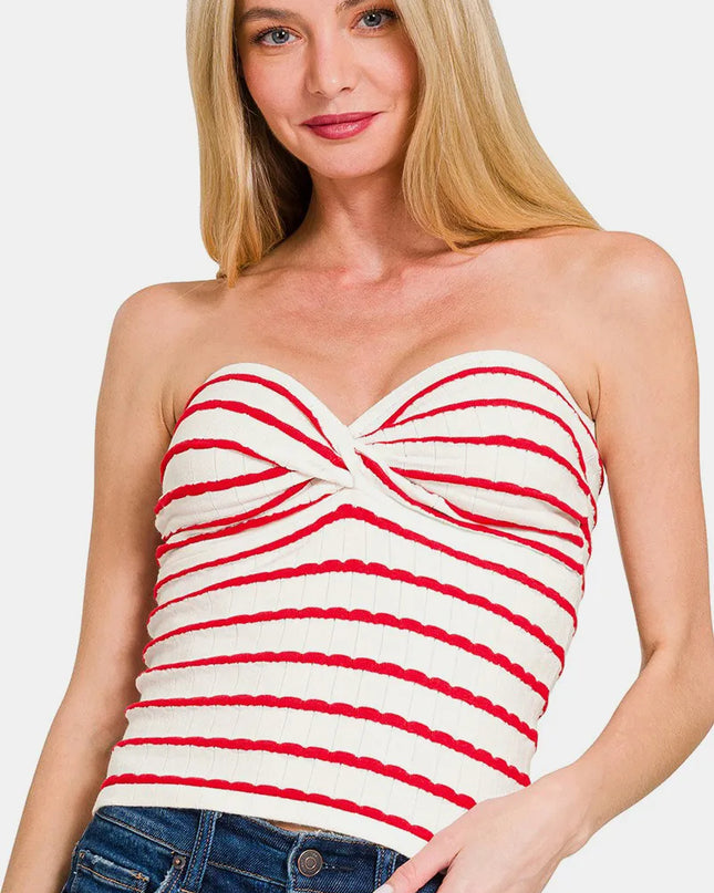 Zenana Twisted Sweetheart Neck Striped Tube Top Red