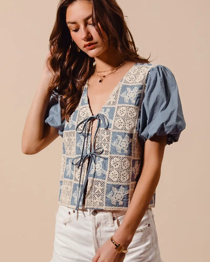 SO ME Crochet Lace Tie Front V Neck Blouse Top