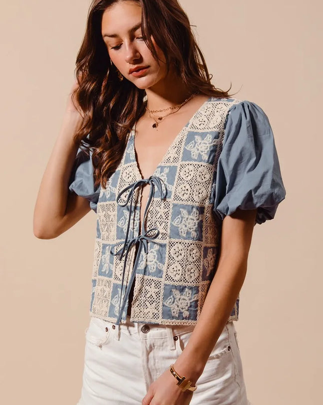 SO ME Crochet Lace Tie Front V Neck Blouse Top