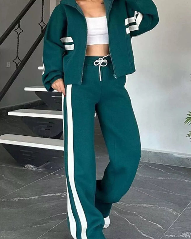Full Size Contrast Stripe Zip Up Jacket and Pants Set Plus Size Green