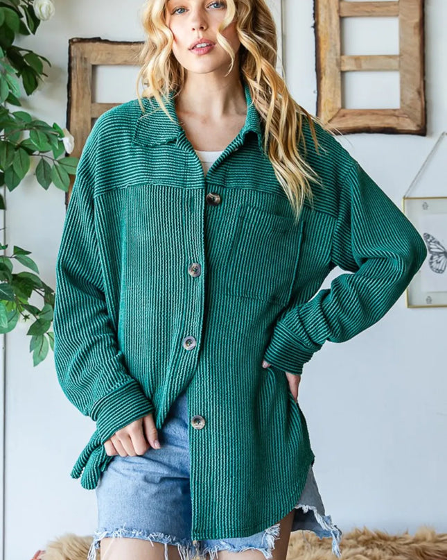Reborn J Striped Button Up Long Sleeve Shacket HUNTER GREEN