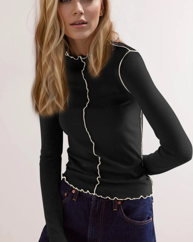 Basic Bae Contrast Trim Mock Neck Long Sleeve T-Shirt Black