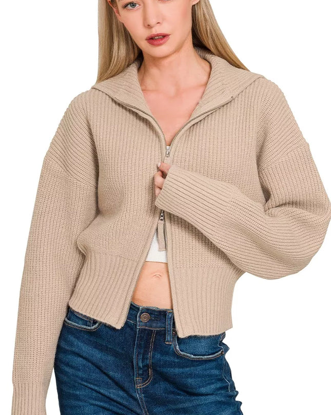 Zenana Ribbed Collared Zip Up Sweater Cardigan ASH MOCHA