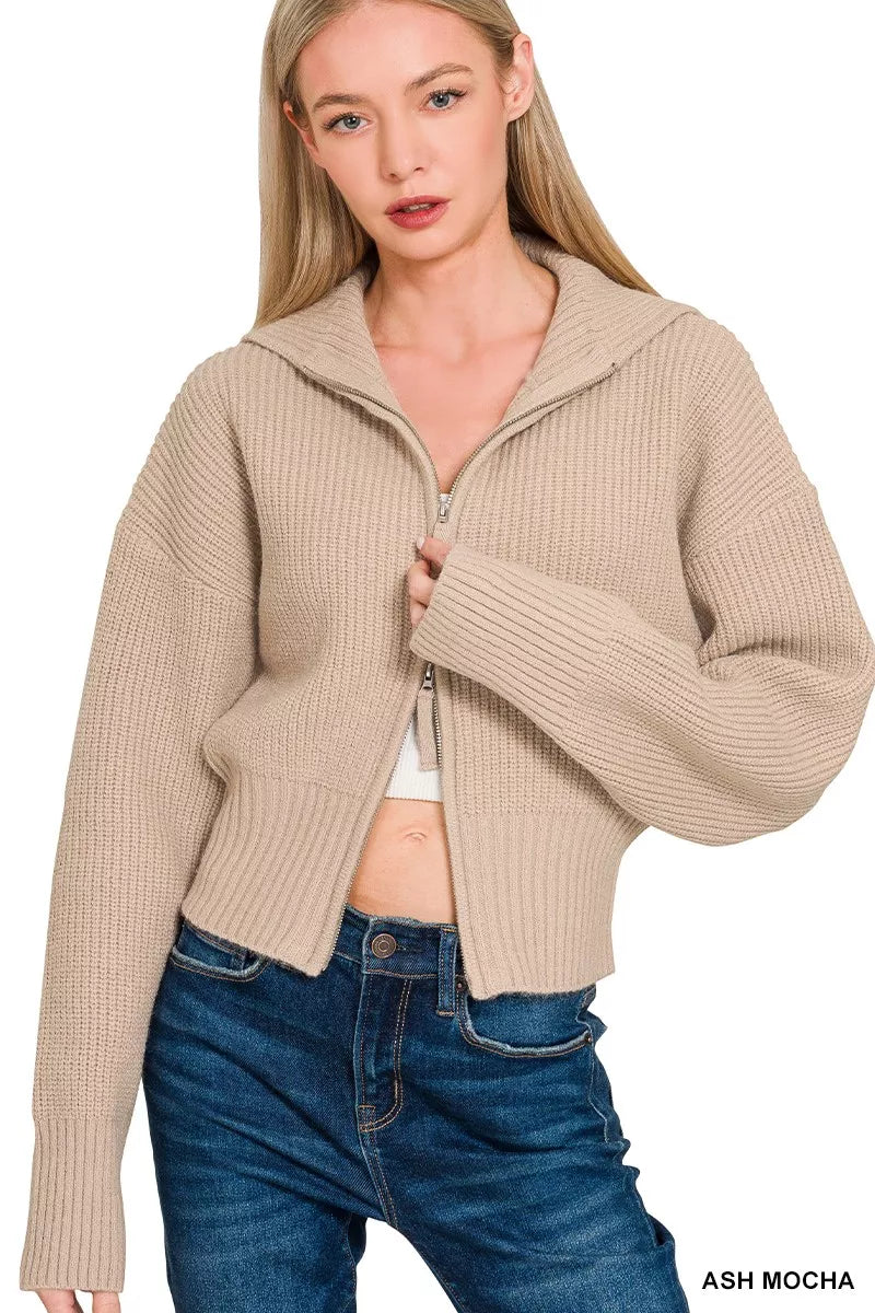 Zenana Ribbed Collared Zip Up Sweater Cardigan ASH MOCHA
