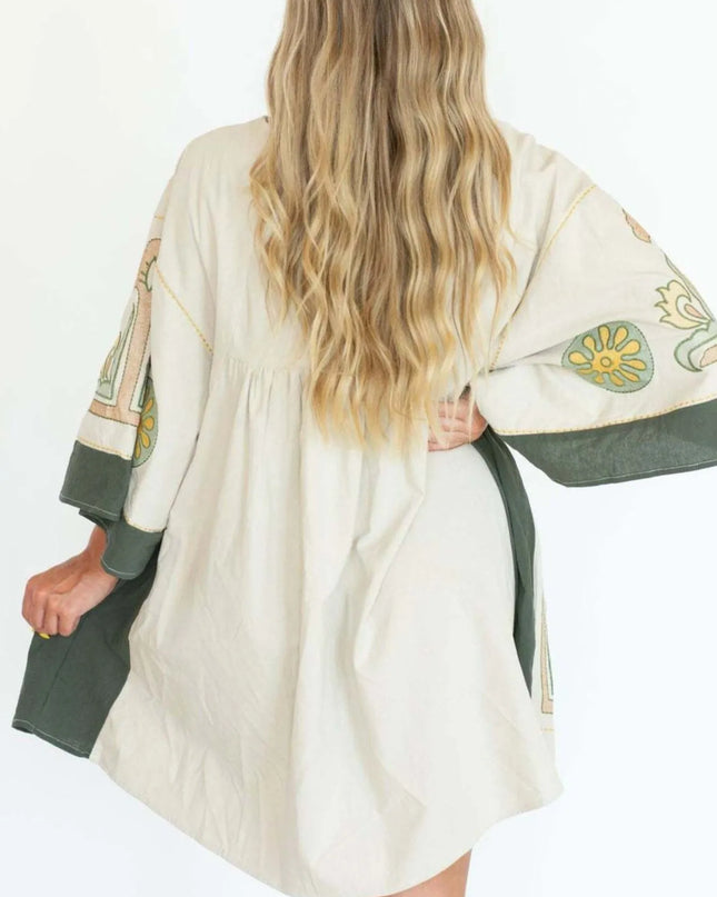 Printed V-Neck Kimono Sleeve Mini Dress