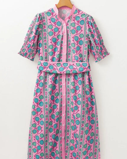 Printed Shirred Sleeve Buttoned Front Midi Dress with Sash