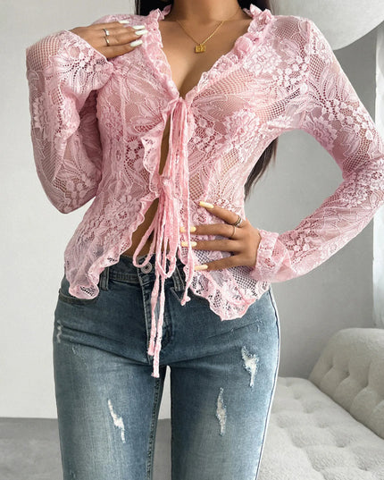 Tie Front Long Sleeve Lace Top Dusty Pink
