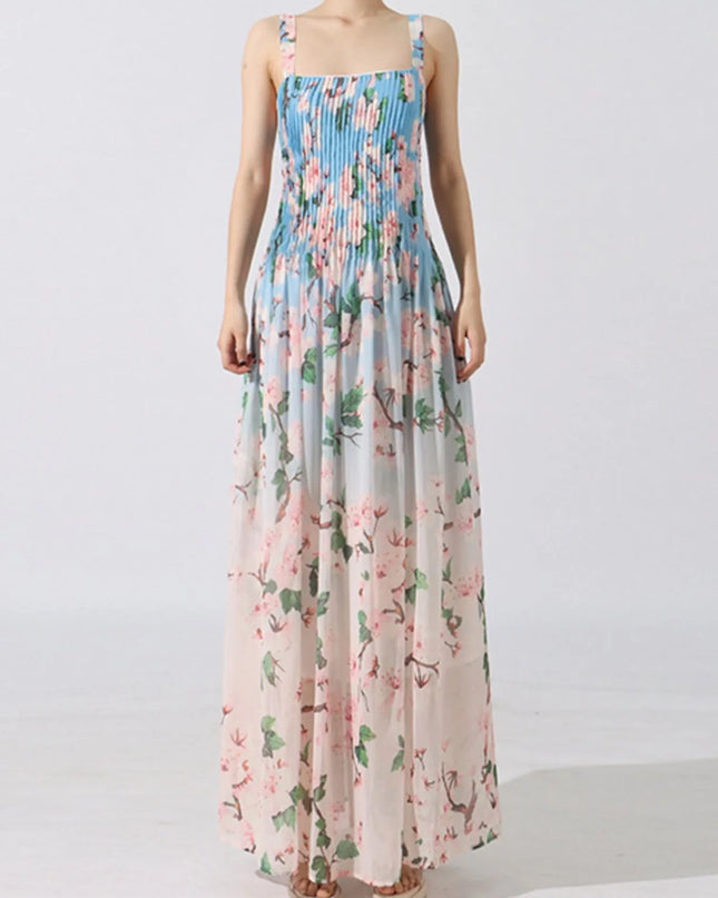 Floral Print Pleated Maxi Dress