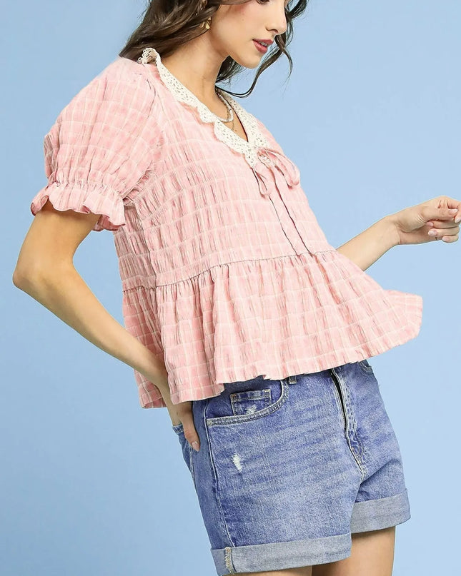 Umgee Short Sleeve Gingham Lace Peplum Blouse