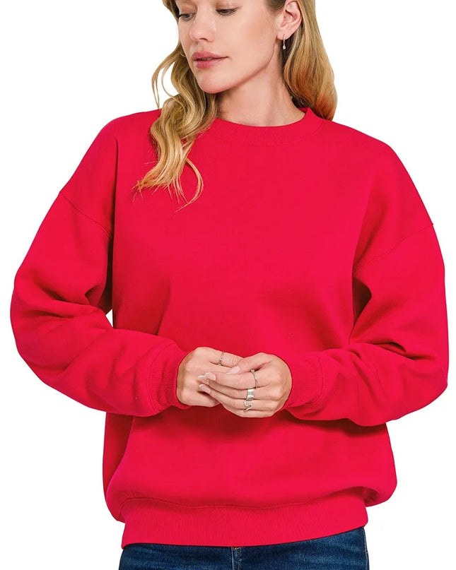 Zenana Fleece Crewneck Long Sleeve Sweatshirt RUBY