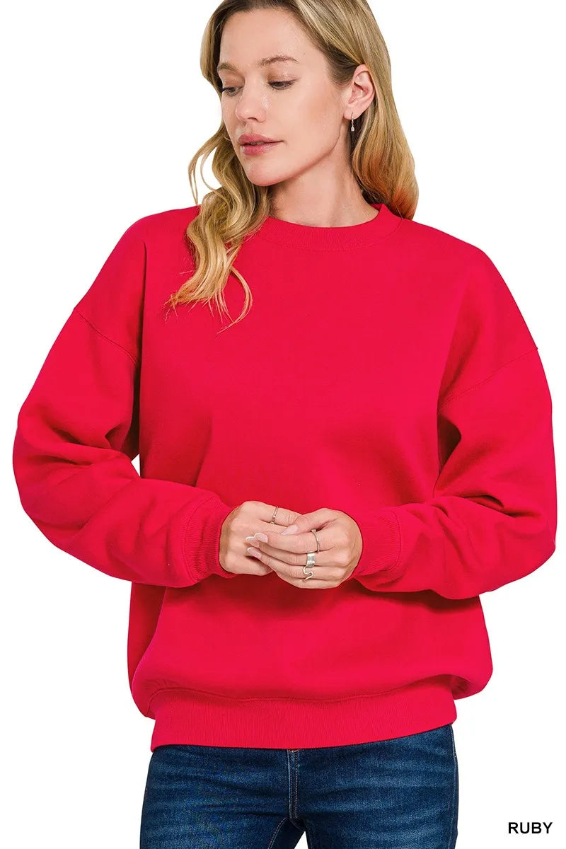 Zenana Fleece Crewneck Long Sleeve Sweatshirt RUBY