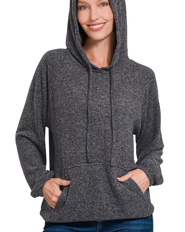 Zenana Brushed Hacci Melange Hooded Sweater BLACK