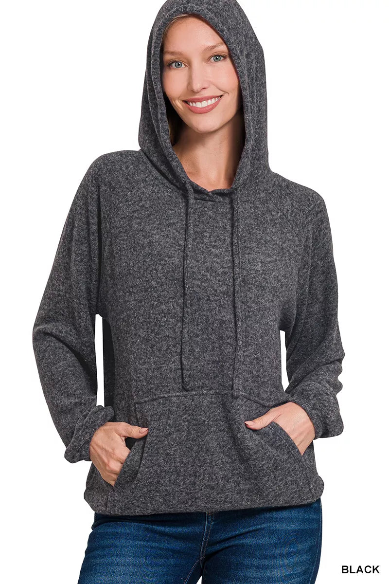 Zenana Brushed Hacci Melange Hooded Sweater BLACK