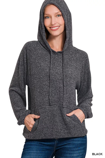 Zenana Brushed Hacci Melange Hooded Sweater BLACK