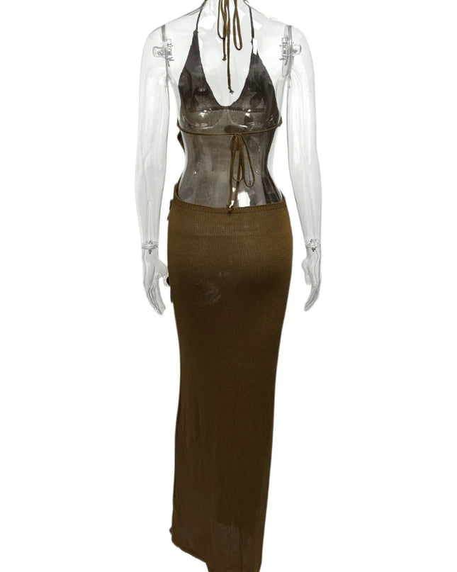 Flower Halter Neck Maxi Knit Dress