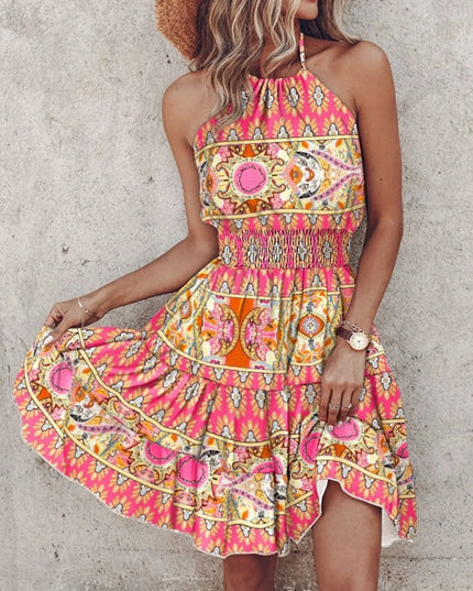 Paisley Print Halter Neck Mini Dress Pink
