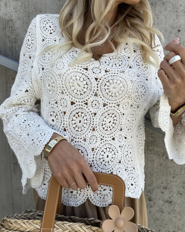Crochet Lace V-Neck Bell Sleeve Knit Top