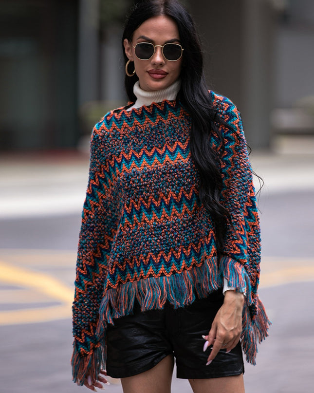 Shiny Fringe Hem Boat Neck Poncho Navy