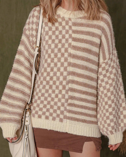 Stripe Checkerboard Drop Shoulder Balloon Sleeve Sweater