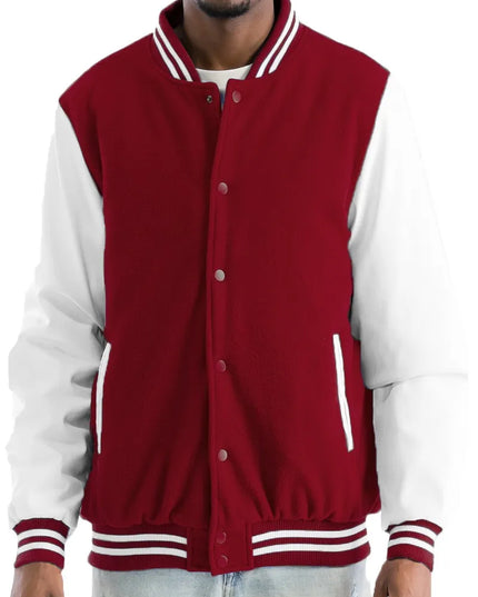 WEIV Men's Full Size Varsity Bomber Jacket with Leather Sleeves Plus Size BURGUNDY