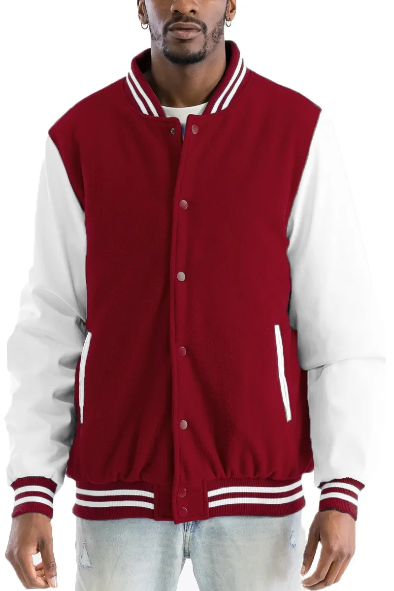 WEIV Men's Full Size Varsity Bomber Jacket with Leather Sleeves Plus Size BURGUNDY