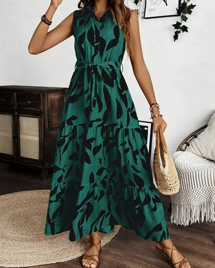 Printed Tie Waist Sleeveless Maxi Dress 