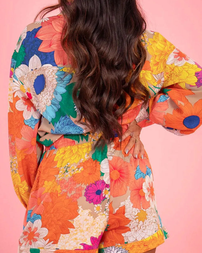 Printed Button Up Long Sleeve Top and Shorts Set