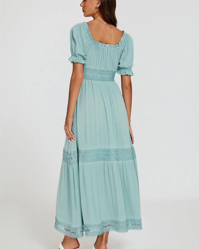 Lace Detail Bardot Maxi Dress in Blue