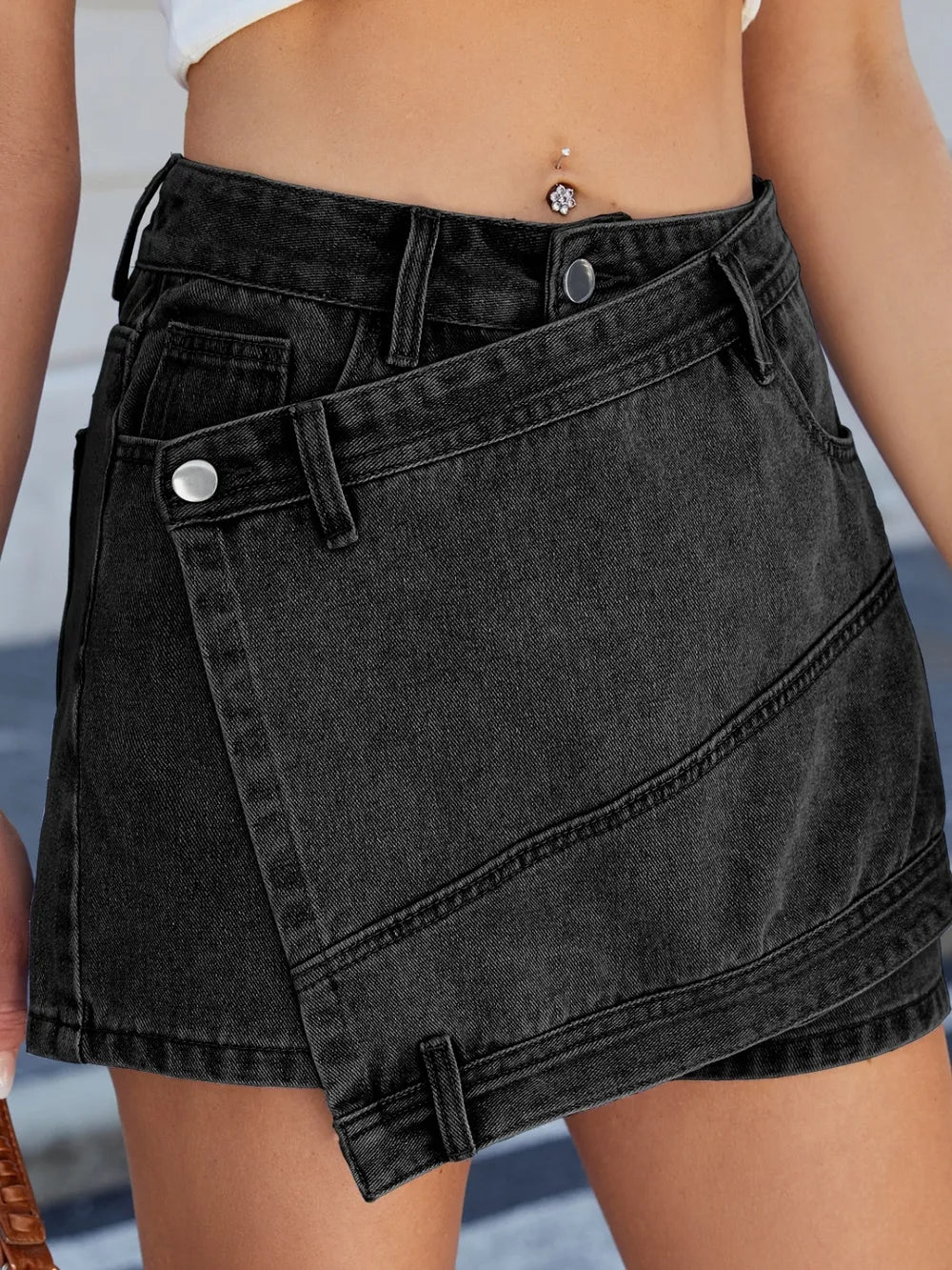 Asymmetrical Denim Skort with Pockets