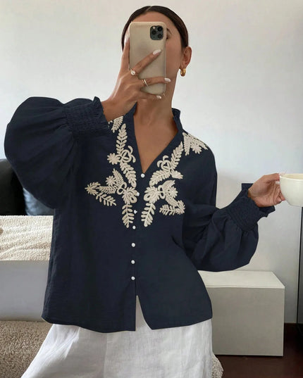 Embroidered Lantern Sleeve Blouse