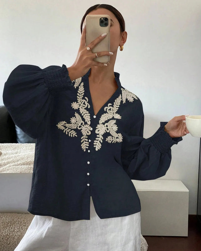 Embroidered Lantern Sleeve Blouse