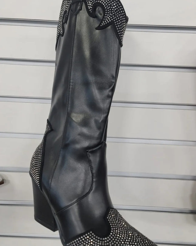 Weeboo Chunky Heel Rhinestone Decor Western Boots 