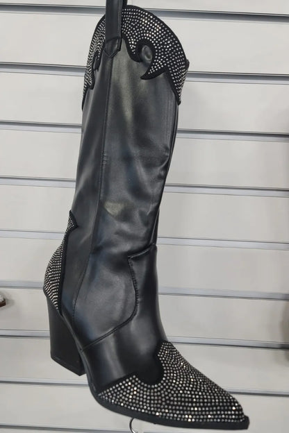 Weeboo Chunky Heel Rhinestone Decor Western Boots 