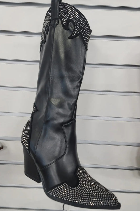 Weeboo Chunky Heel Rhinestone Decor Western Boots 