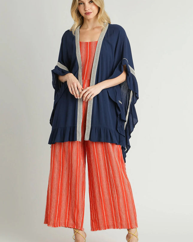 Umgee Ruffle Trim Kimono with Crochet Accent