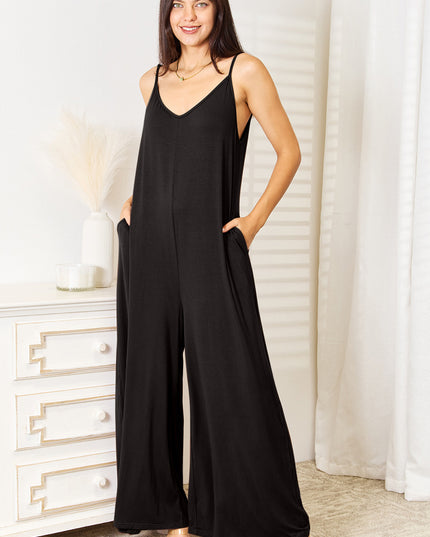 Double Take Full Size Soft Rayon Spaghetti Strap Tied Wide Leg Jumpsuit
