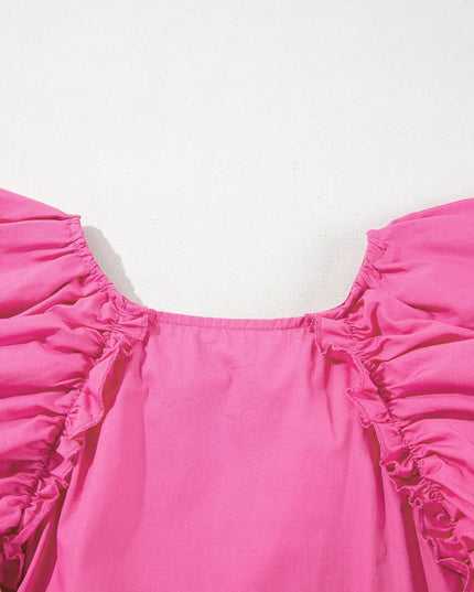 Shirred Tie Neck Ruffled Cap Sleeve Blouse