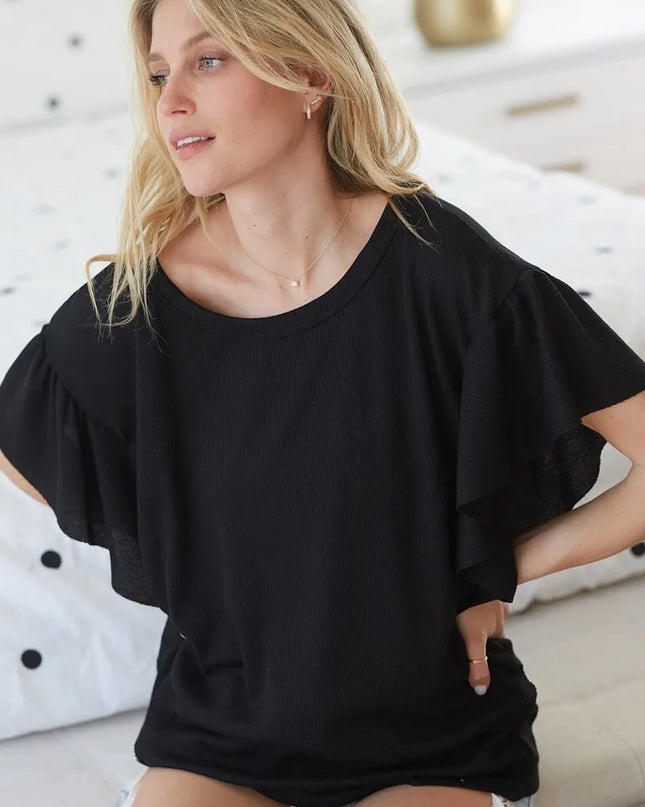 BiBi Thermal Knit with Ruffled Sleeve Top