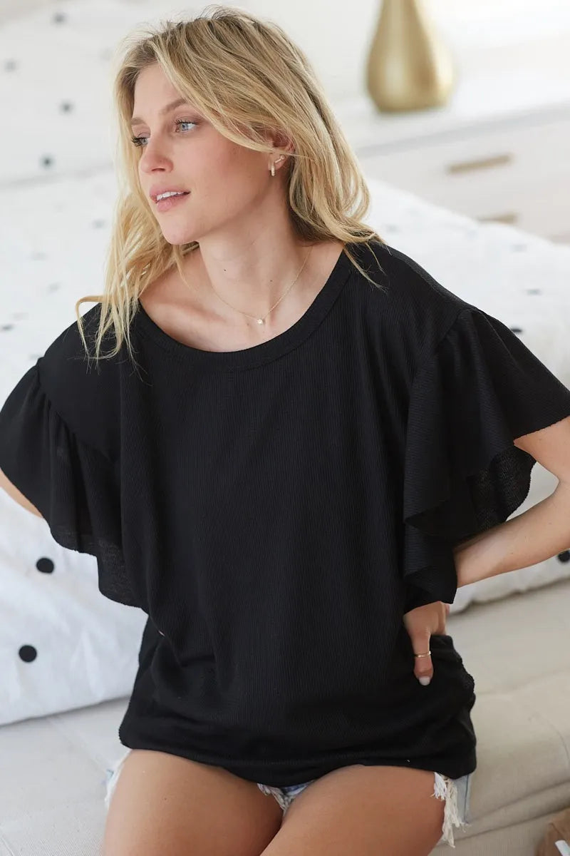 BiBi Thermal Knit with Ruffled Sleeve Top